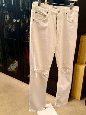 Agolde White Slim Straight Distressed Jeans